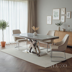 Xena 1.8m Chrome Dining Set – Light Grey Marble Table with 4/6 Olivia Beige Velvet Chairs