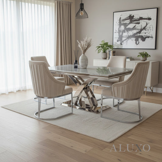 Xena 1.8m Chrome Dining Set – Light Grey Marble Table with 4/6 Olivia Beige Velvet Chairs