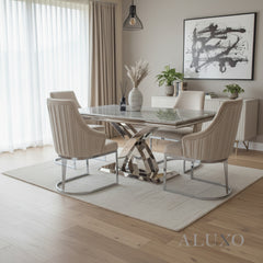 Xena 1.8m Chrome Dining Set – Light Grey Marble Table with 4/6 Olivia Beige Velvet Chairs