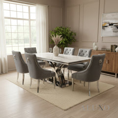 Xena 1.8m White Marble Chrome Dining Table with 4/6/8 Bentley Grey Velvet Lion Knocker Chairs Set