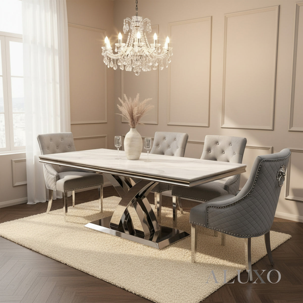Xena 1.8m White Marble Chrome Dining Table with 4/6/8 Bentley Grey Velvet Lion Knocker Chairs Set