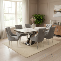 Xena 1.8m White Marble Chrome Dining Table with 4/6/8 Bentley Grey Velvet Lion Knocker Chairs Set