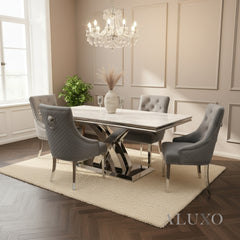 Xena 1.8m White Marble Chrome Dining Table with 4/6/8 Bentley Grey Velvet Lion Knocker Chairs Set