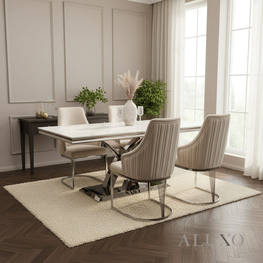 Xena 1.8m Rectangular Chrome Dining Set – White Marble Table with 4/6 Olivia Velvet Chairs