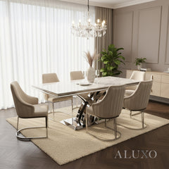Xena 1.8m Rectangular Chrome Dining Set – White Marble Table with 4/6 Olivia Velvet Chairs