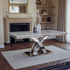 Xena 1.8m Chrome Dining Set – Light Grey Marble Table with 4/6 Olivia Beige Velvet Chairs