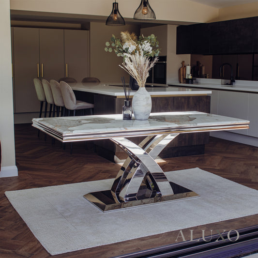 Xena 180cm Marble Dining Table with Chrome Double X Base – White | Light Grey | Cream | Black&Gold