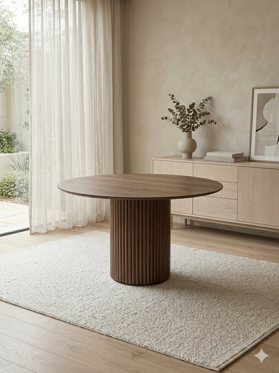 Rowen 120cm Round Walnut Dining Table with Ribbed Pedestal Base