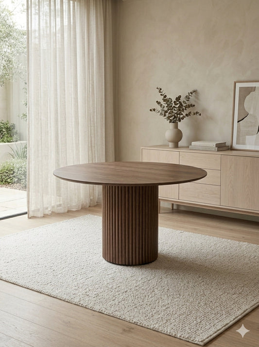 Rowen 120cm Round Walnut Dining Table with Ribbed Pedestal Base