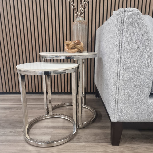 Kaito Nest of 2 Tall Silver End Tables with Polar White Sintered Stone Top