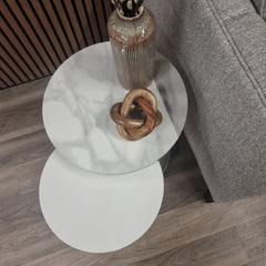 Kaito Nest of 2 Tall Silver End Tables with Polar White Sintered Stone Top