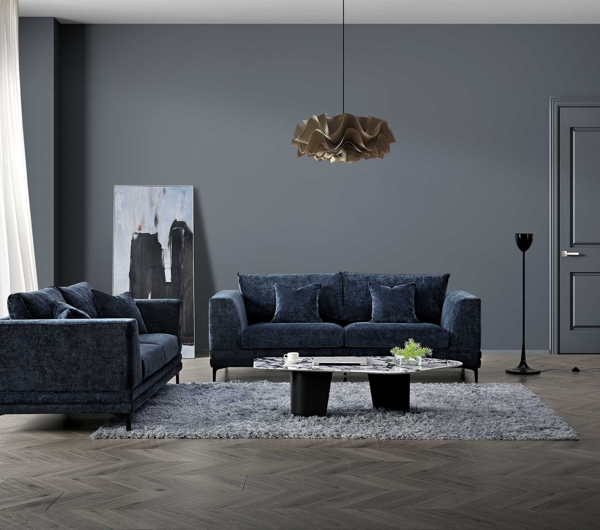 ALUXO® Lenox 3 & 2 Seater Sofa – Aegean Blue Velvet | Mid-Century Modern Comfort